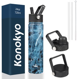 Konokyo Insulated Water Bottle 24oz Stainless Steel Sport Bottles with 3 Lids,Marble Ocean