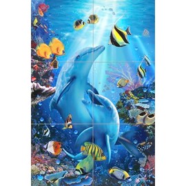 Ceramic Backsplash Tile Mural Dolphin Whale Underwater Ocean Fish Kitchen/Bathroom/Shower - Kiss in The Sea - Christian Riese Lassen