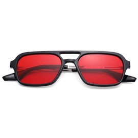 Pro Acme Vintage 70s Flat Pilot Sunglasses for Women Men, Small Frame Rectangular Glasses UV400 Protection Shades (Black Frame | Red Lens)