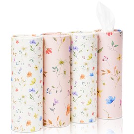 Car Tissues Holder with Facial Tissues, 4 PK Car Tissues Cylinder Wild Floral Travel Tissue Tubes Box for Car Cup Holder (Pink)