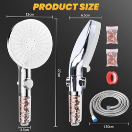 BOSCOW Duschkopf mit Filter, Kalkfilter Dusche mit 1,5 m Schlauch, Duschfilter für hartes Wasser mit Stoppfunktion, 3-fach Filtration und 5 Strahlarten, Zusätzlich 2 Packungen Mineralkugeln Armaturen