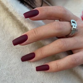 Matte Dark Red Press on Nails Long Square, KXAMELIE Medium Coffin Nails Press on Long Glue on Nails Natural Thick Acrylic Nails Reusable 24 Fake Nails Solid Color False Nails for Women