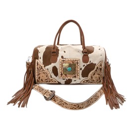 Merbaa Weekender Duffle Bag For Women Large Travel Tote Bag, Cowhide Tooled Harness with Tassel Leather Duffle Bag