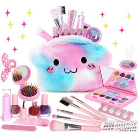 STAY GENT Real Kids Makeup Set for Girls, Washable Non-Toxic Kids Makeup Kit, Real Pretend Play Princess Set with Plush Bag/Nail Polishes, Princess Cosmetic Birthday Gifts for Age 4 5 6 7 8 9 10 11 12