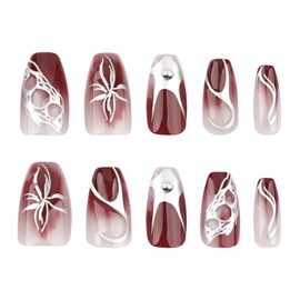 MISUD Press on Nails Medium Coffin Fake Nails Glossy Glue on Nails Red Brown Ombre Acrylic Nails Ballerina Artificial Nails 3D Silver Chrome Stick on False Nails with Design 24 pcs