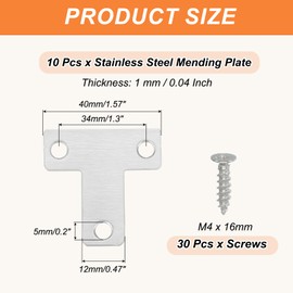 PATIKIL Flat Mending Plate 1.6"x0.5", 10 Pcs Stainless Steel T-Shape Flat Bracket for Shelves Corner Braces Brackets Metal Fixing Joining Plates for Wood Furniture Cabinet Frame Repair