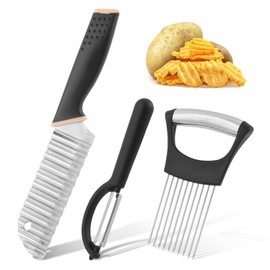 Crinkle Cutter with Onion Holder for Slicing and P-type Peeler, Stainless Steel Wavy Slicer with Handle, Crinkle Cutter for Veggies, Potatoes(COLOR:Black)
