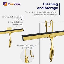 TOOVEM 14 Inch Shower Squeegee for Glass Doors, Window, Bathroom, Car Windshield, Shower Cleaning Tools with S Hook, Square Sticky Hook (Gold)