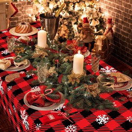 Christmas Tablecloth,2 PCS 108 x 54in Christmas Checkered Tablecloth Plastic Red Black Buffalo Plaid Rectangle Christmas Table Cover Disposable Snowflake Tablecloth for Xmas Party Decor Winter Holiday