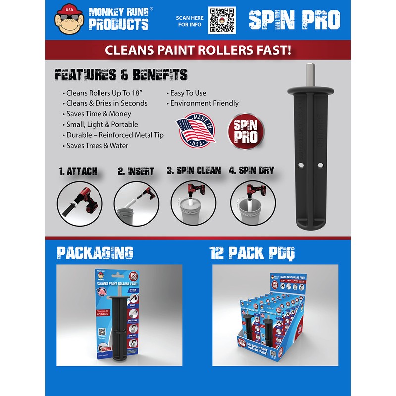 Monkey Rung Spin Pro Paint Roller Cleaner Tool Fits 3"