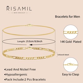 Risamil Mens Bracelet - Gold Bracelets for Men 2pcs Men's Bracelets Set with Box & Cuban Link Available in Various Lengths 8.5 Inch Gold Bracelet for Men Gold Cuban Link Chain