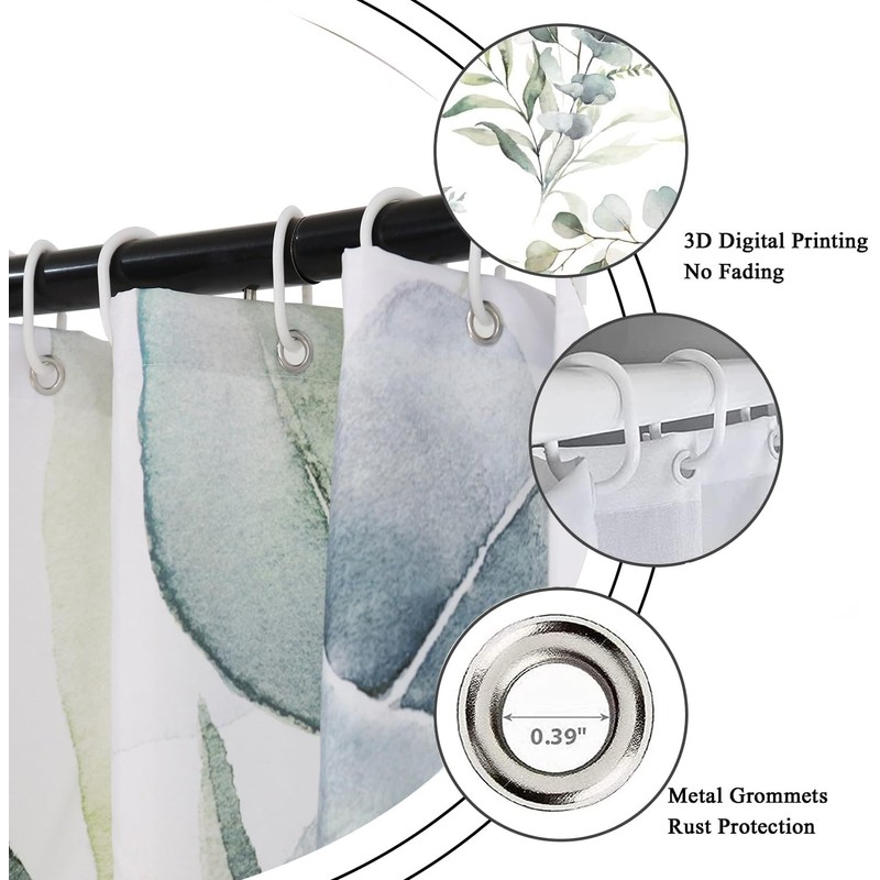 GCIREC Eucalyptus Leaf Shower Curtains, Sage Green Spring Botanical Watercolor