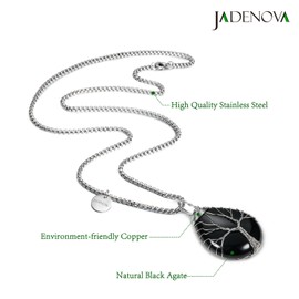 JADENOVA Healing Crystal Necklace for Women Tree of Family Pendant Family Tree Wire Wrapped Jewelry Energy Healing Teardrop pendant (24 Inches Stainless Steel Chain) M Natural Black Agate