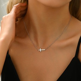Mauzew Cross Necklace for Women White Gold Sideways Cross Necklace Dainty Cute Tiny Cross Choker Necklace Simple Trendy Jewelry