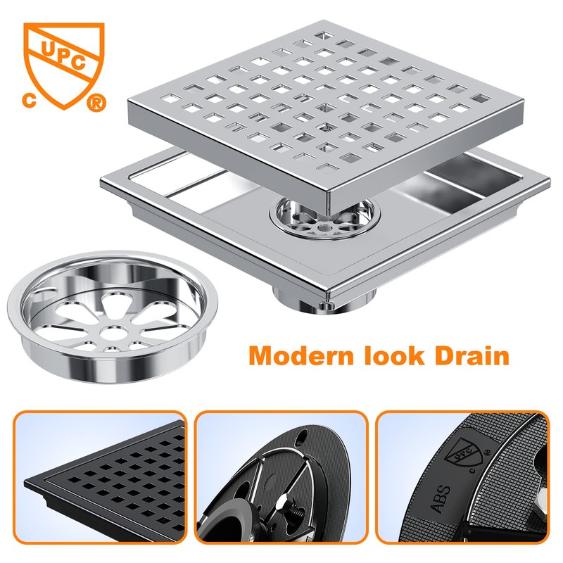 NIREU 6 Inch Square Shower Floor Drain with Removable Cover