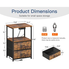 Casaottima Night Stand with Charging Station and LED Lights, End Table for Bedroom with 2 Fabric Drawers, Small Nightstand with Storage Shelf, Bed Side Table, Bedside Table, Vintage