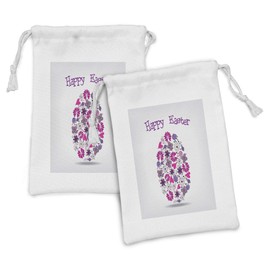 Ambesonne Easter Fabric Pouch Set of 2, Spring Season Holiday Themed Illustration with Blossoming Flowers Butterflies, Small Drawstring Bag for Toiletries Masks and Favors, 9" x 6", Purple Pink Black