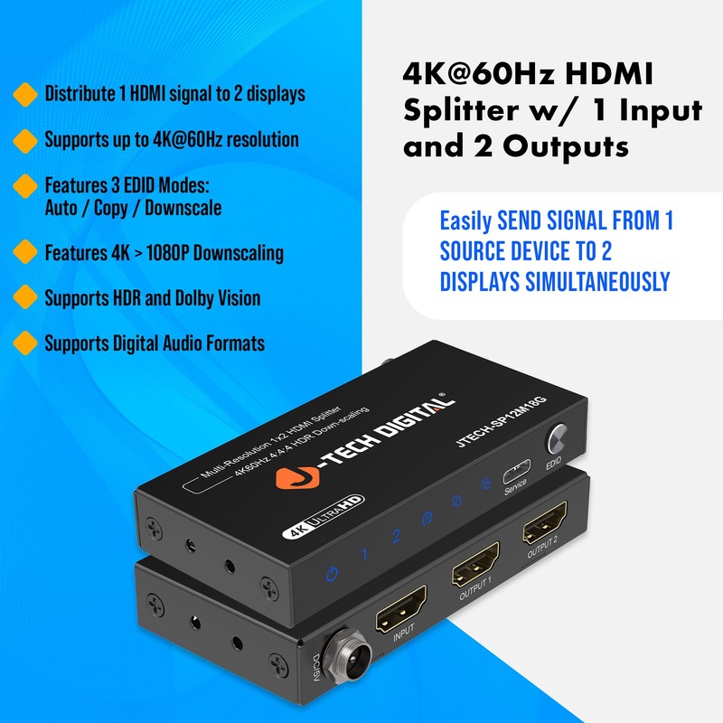 J-Tech Digital HDMI Splitter 1 in 2 Out 4K@60Hz, 1x2