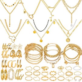 HaHaGirl 49 Pieces Gold Plated Jewelry Sets for Women Fashion Costume Jewelry Chain Necklace Bracelet Earrings and Rings Sets for Women