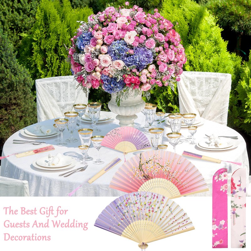 3PCS Folding Hand Fans with Tassel and Fabric Sleeves, Bamboo