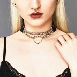 Doubnine Choker Leather Chunky Chain Black Gothic Silver Necklace Punk Women Accessories (Heart)