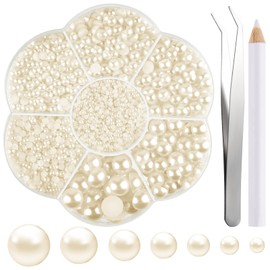 NACHLYNN 6480 Pcs Flat Back Pearl 7 Sizes Half Pearl Bead Beige Flatback Pearl Beads Half Round Pearls for Crafts Embellishment Shoes Clothes Bags DIY Making