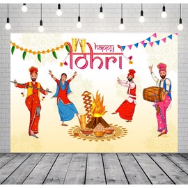 CORFOTO 10x8ft Fabric Happy Lohri Festival Backdrop Cartoon Indian People Punjabi Religious Holiday Background for Harvesting Festival Party Decorations Banner Kids Adults Photo Props