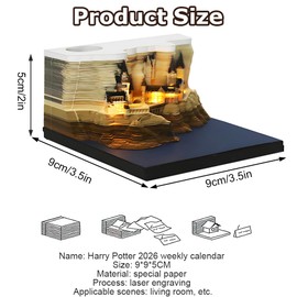 Time Piece Calendar 2026, Desk Calendar with LED Light, 3D Memo Pad, Magic Castle Weekly Calendars, Paper Carving ArtCraft Gift for Christmas Office Desktop Decoration