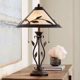 Franklin Iron Works Feuille Rustic Farmhouse Vintage Style Table Lamp 23.75" High Dark Brown Metal Openwork Leaf Accents Mica Cone Shade Decor for Living Room Bedroom House Bedside Nightstand Home