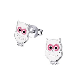 Owl Bird Earrings 925 Sterling Silver White and Pink