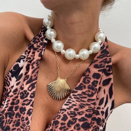 Gold Starfish Necklace for Women Adjustable Chunky Shell Beach Jewelry with Puka Pearls Charm Dainty Layered Accessories