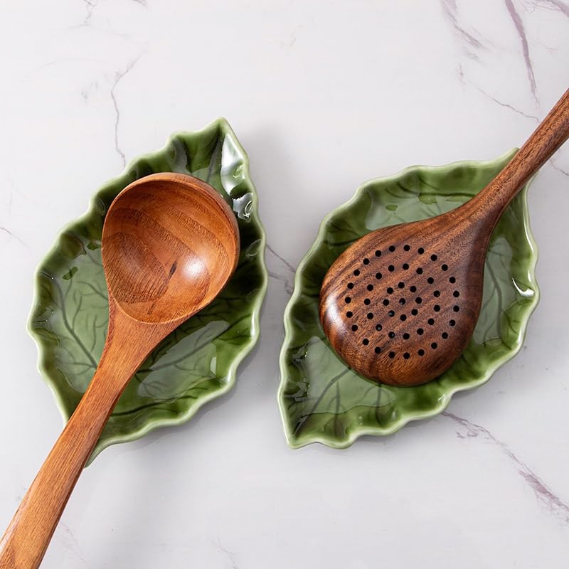 YumiPLUS Ceramic Leaf Spoon rest for Cooking, Cute Green Spoon