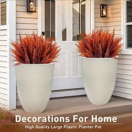 2 Pcs Pack 15 Inches Heavy Duty Plastic Resin Tall Tapered Planter Pots Large Round Planter Flower Pot with Drainage Hole for Indoor Outdoor Deck Porch Garden Home Patio Front Door (Beige, S)