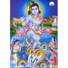 Crafts of India Fluting Bal Krishna dancing on Serpent Kalia Poster/Reprint Hindu Goddess Picture with Glitter (Unframed : Size 5"X7" inches)