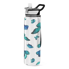 Coikll Watercolor Blue Butterfly Sport Water Bottle with Straw, Leakproof Tritan Bottle BPA Free Clear Water Bottle for Fitness Outdoor Gym Travel- 32 oz