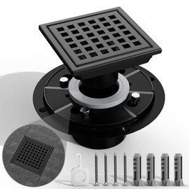 4-Inch Shower Drain Bathroom Tile Drain Strainers, for 2” or 3” Pipe Black Stainless Steel Shower Floor Drain Bathroom Inset with Flange kit Removable Grating Style Square Shower Drain Strainer