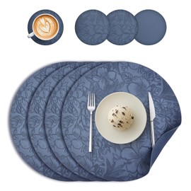 Round Placemats and Coasters Set of 4, Floral Leather Table Place Mats 34cm Dual Sided Placemats Non-Slip Heat Resistant Placemats Kitchen Coffee Table Mats Washable (Dark Blue)