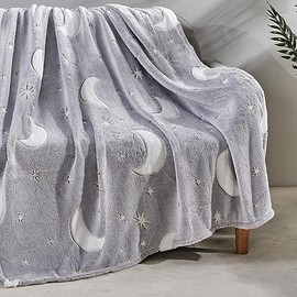 Printed Throw Blanket, Glow in The Dark, Soft Plush, Home Décor Fuzzy Warm & Cozy, for Bedding, Couch & Gift, 50” x 60” - Star Moon