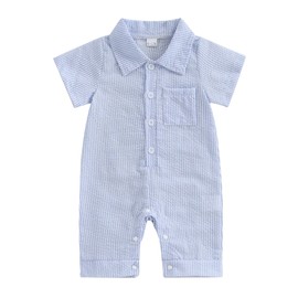 Geagodelia Infant Baby Boy Summer Romper Newborn Baby Boys' Full Length Jumpsuit Short Sleeve Lapel Plaid Print Button-Down Bodysuits for Baby Boy Clothes Outfits (Blue Cyan, 6-12 Months)
