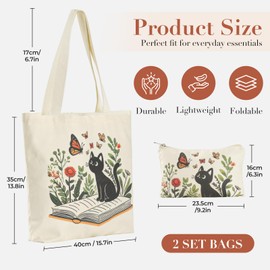 BROADREAM Black Cat Canvas Tote Bag with Zipper Vintage Tote Bag Cute Canvas Bags Aesthetic Reusable Shopping Bag Birthday Gifts for Women, Mother,Lady