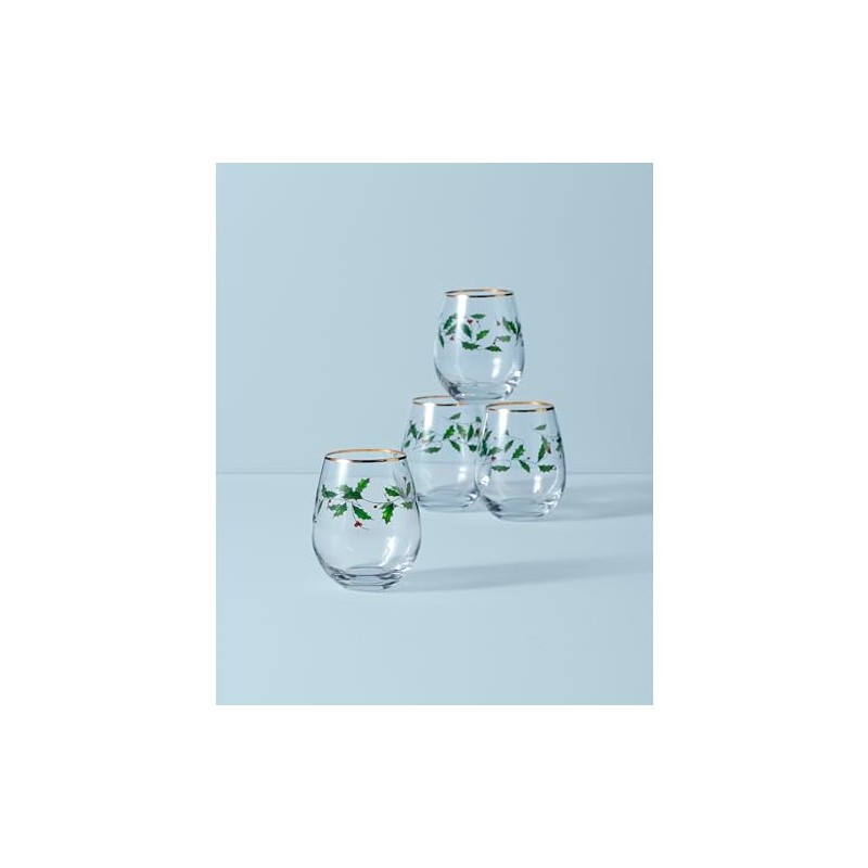 Lenox 888202 Holiday 4-Piece Stemless Wine Glasses, Christmas Drinkware Set,