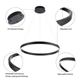MADEM Room Decor Modern LED Pendant Light 1-Ring Circular Contemporary Chandelier 23.6'' Flush Mount Pendant Lighting for Living Dining Room Bedroom, 6000K Cool White, Black