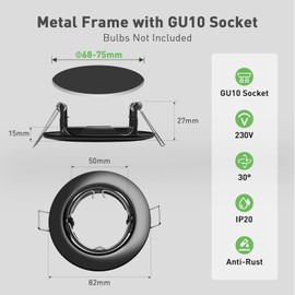ALUSSO Set of 10 Metal Recessed Spotlights GU10 Frame 68 mm LED Spotlights 230 V Including GU10 Socket Ceiling Spotlights 30° Swivelling Recessed Spotlights Mounting Frame Bathroom for LED or Halogen