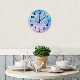 Wood Wall Clocks Battery Operated Non Ticking Analog Boho Moon Dream Catcher Feather Custom Wall Clocks Colorful Flowers Artwork Wall Decor for Washroom Home Cabin 10 Inch