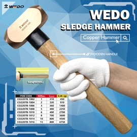 WEDO Copper Sledge Hammer 3lb, Club Hammer with Wooden Handle, Drilling Hammer, Flat Hammer, Die-Forged, Corrosion Resistant, 14" Length