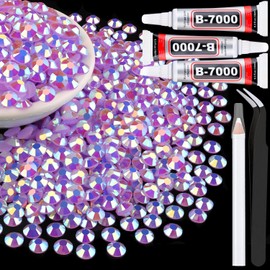 3000Pcs 5mm Resin Jelly Rhinestones with 3Pcs 10ml B7000 Jewelry Glue for Crafting, Lavender Purple AB Flatback Gems, Bedazzling Crystal Bulk for DIY Crafts Clothing Tumblers Shoes Nail Art Fabric