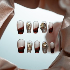 Tesytto Short Coffin Red French Tip Press On Nails - Nude Gold Glitter & 3D Rhinestone Decor Handmade Nails for Wedding,Party (Wine Red Romance,M)