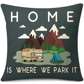 JOTOM Cushion Cover 45x45 cm Motorhome Gadgets Caravan Camping Home is Where We Park it Throw Pillow Cover Campervan Accessories Gift Pillow Case Holiday Couch Bed Sofa Decor (Camping Black)