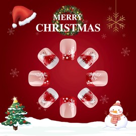 Christmas Press on Nails Short Square Fake Nails Red French Tip Stick on Nails Winter Snowflake False Nails with Christmas Hat Designs Cute Christmas Glue on Nails for Women Manicure Art 24Pcs