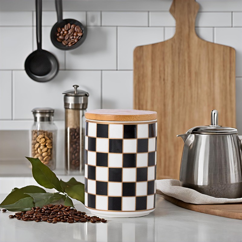 XYQXYQ Kitchen Countertop Ceramic Checkered Canisters,Black And White Food Storage
